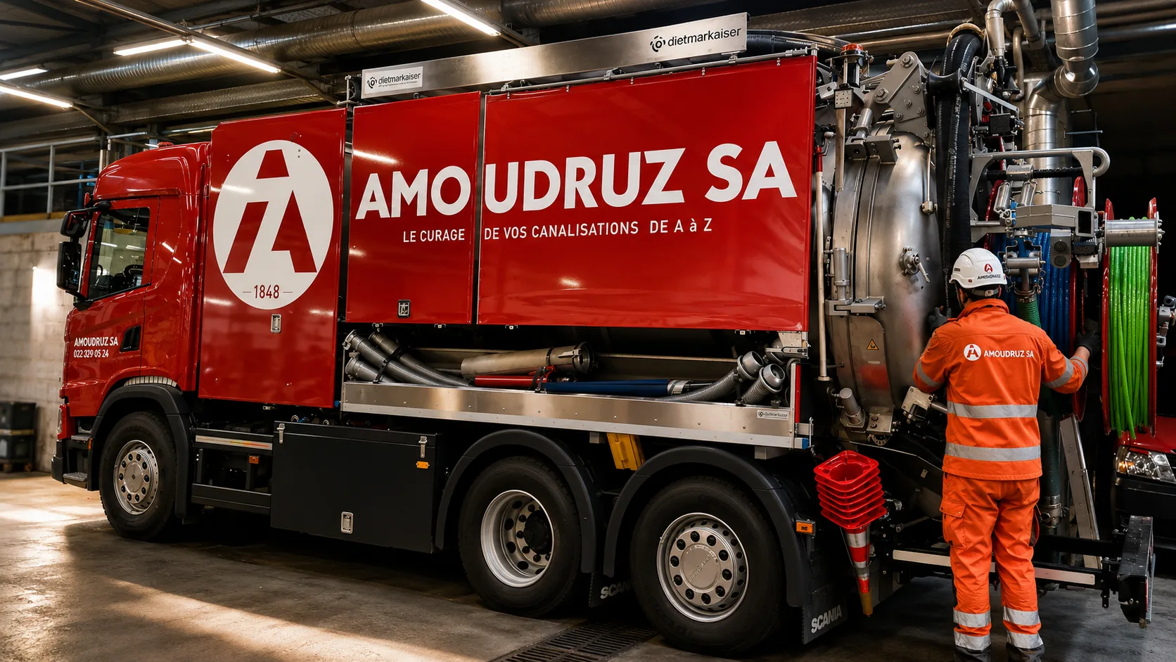 Poids lourd hydrocureur Amoudruz SA au dépôt