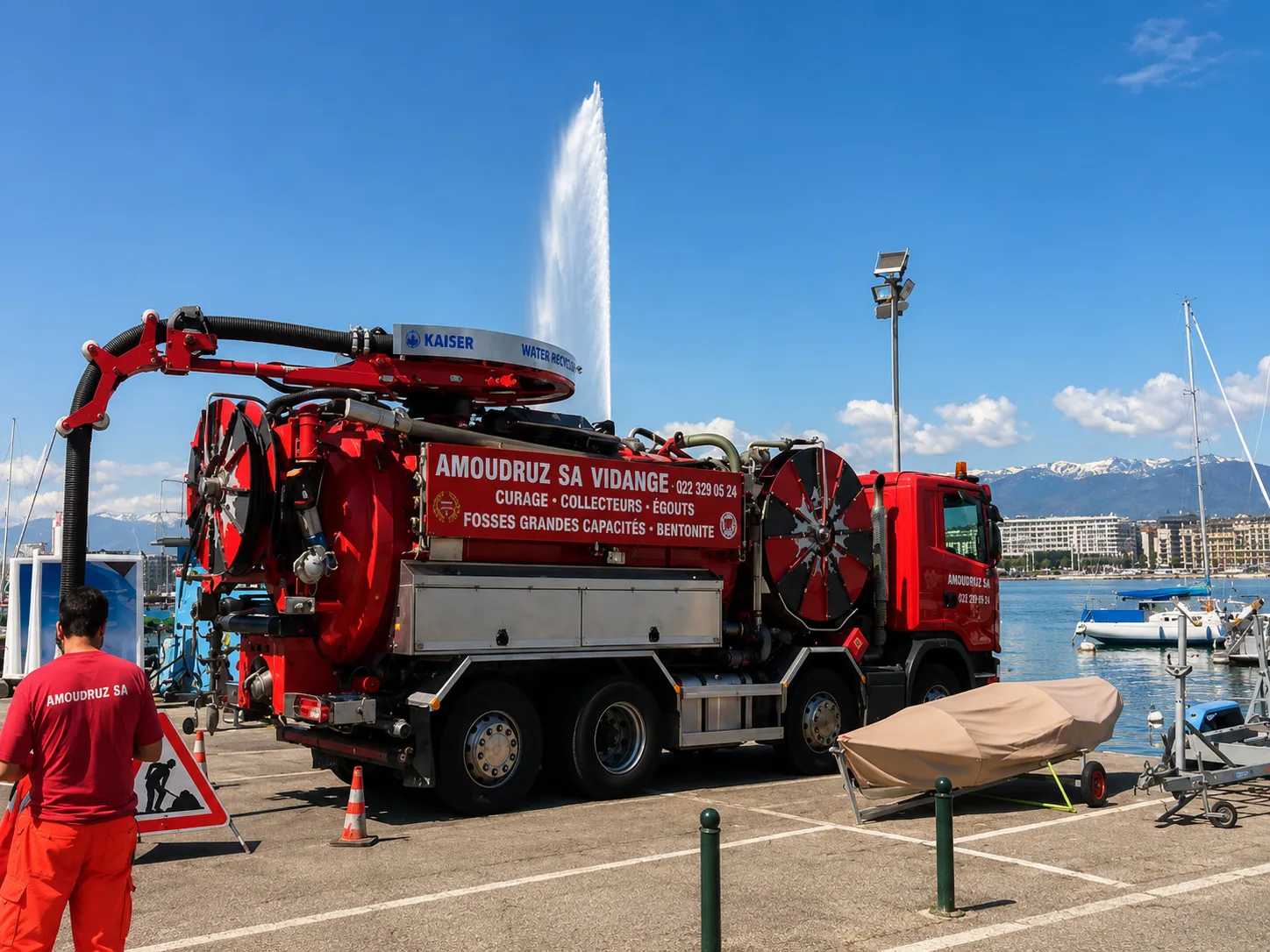 Camion Amoudruz SA devant le Jet d'Eau de Genève