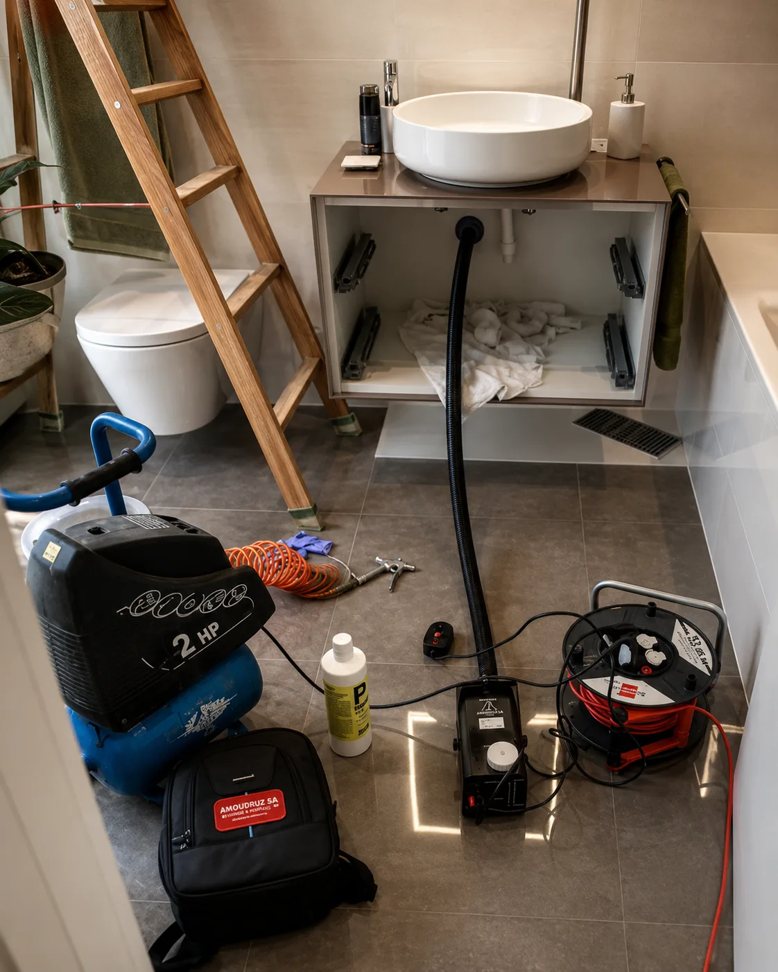 Débouchage d'une évacuation reliée à une colonne de chute
