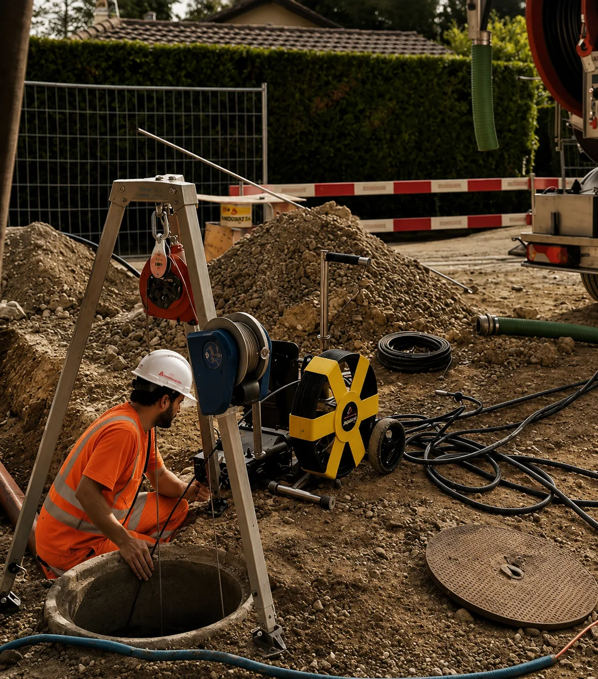 Intervention sur un regard de canalisation avec tripode