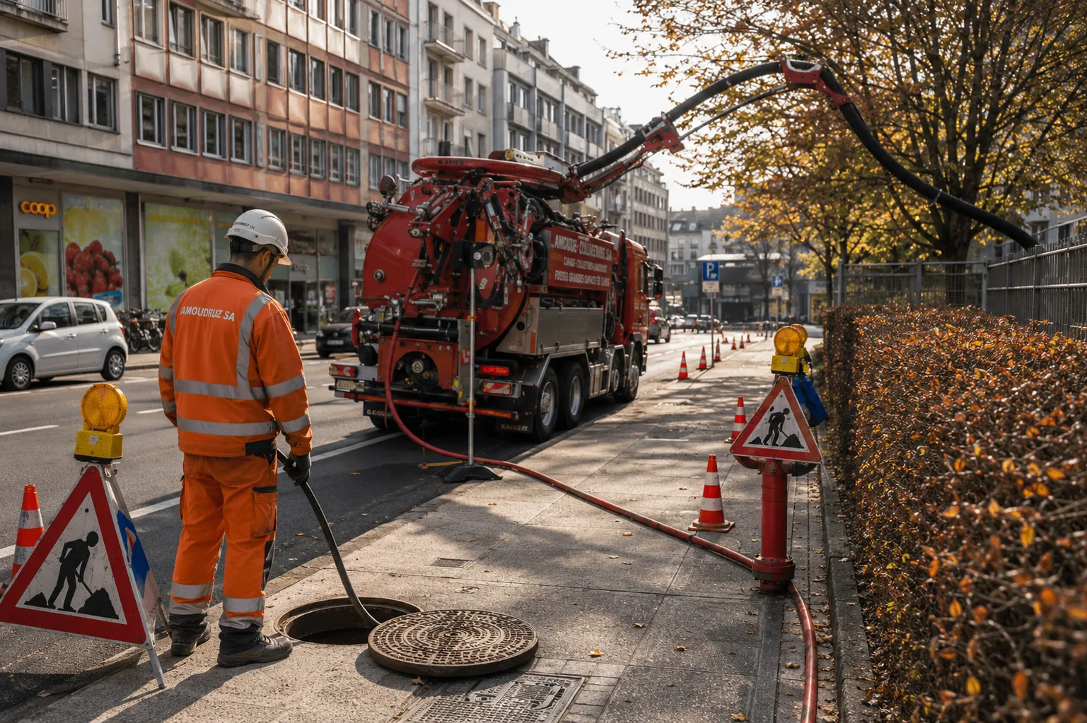 Hydrocureur Amoudruz SA en intervention devant un immeuble à Genève