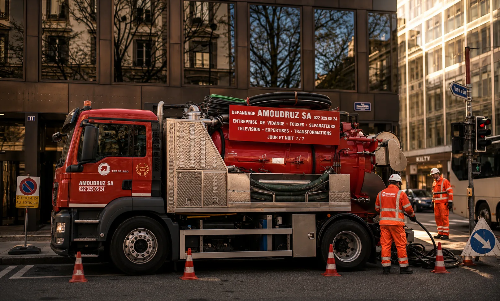 Techniciens Amoudruz SA en intervention avec un hydrocureur au centre de Genève